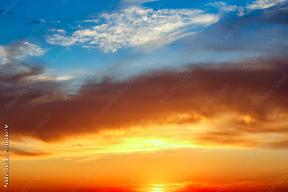 Sky, Bright Blue, Orange And Yellow Colors Sunset.