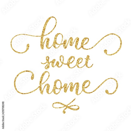 Sweet home hand lettering, vintage calligraphy with golden glitter texture effect, handwritten typography on blackboard background with grunge texture. Vector illustration.