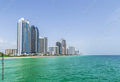 view to coastline of Sunny isles Beach, Miami with skyscraper