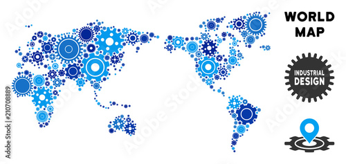 Repair Service world map composition of cogs. Abstract geographic scheme in blue color hues. Vector world map is organized of gear wheels. Concept for mechanic service.