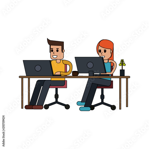 People working with laptop at office vector illustration graphic design