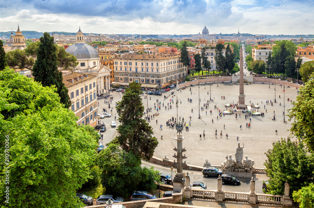 Panoramic view of Piazza del Popolo in Rome, Italy. Rome architecture and landmark.