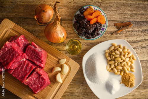 Moroccan beef, prune and almond tagine ingredients photo