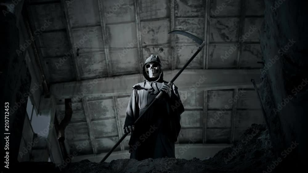 death with a scythe waving his hand, inviting to go with her death with a scythe waving his hand, inviting to go with her