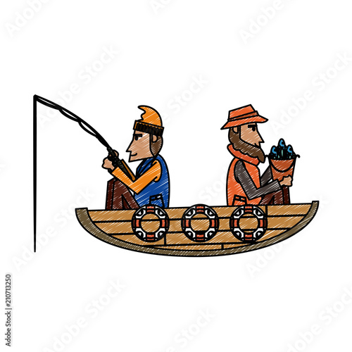 Fishers on boat with rods vector illustration graphic design