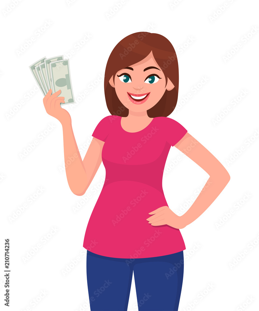 Young woman holding cash/currency/money in hand and keeping hand on waist. Vector illustration in cartoon style. Young woman holding cash/currency/money in hand and keeping hand on waist. Vector illustration in cartoon style.