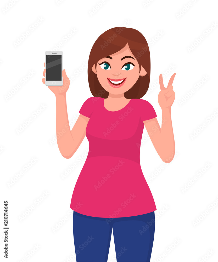 Cute young woman showing smartphone and victory or v sign. Vector illustration in cartoon style. Cute young woman showing smartphone and victory or v sign. Vector illustration in cartoon style.