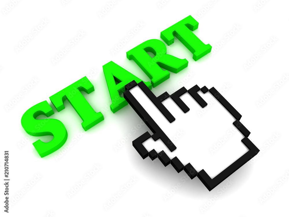 Hand cursor presses the word Start Hand cursor presses the word Start
