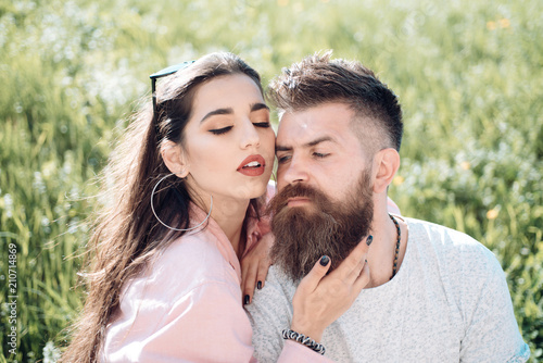 One and only. Sensual woman hug bearded man on summer meadow. Lost in love and passion. Couple in love relax on sunny day. Endless love