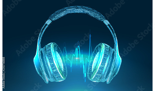 Bright glowing neon headphones isolated on blue background, music concept. Banner. Abstract image of a starry sky or space, consisting of points, in the form of stars and the universe. Low poly vector