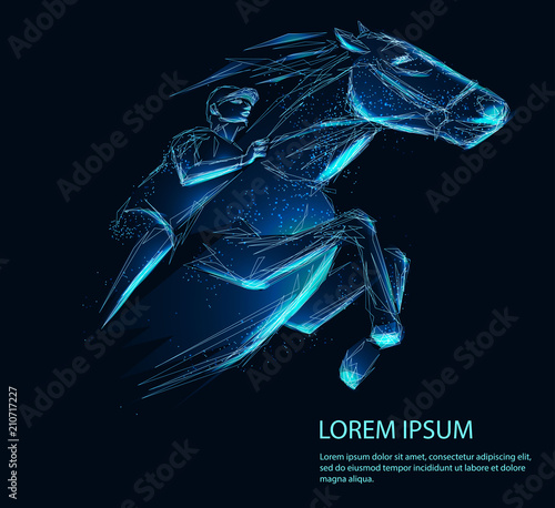 Horse racing composed of polygons. Banner. Abstract image of a starry sky or space, consisting of points, lines, and shapes in the form of planets, stars and the universe. Low poly vector