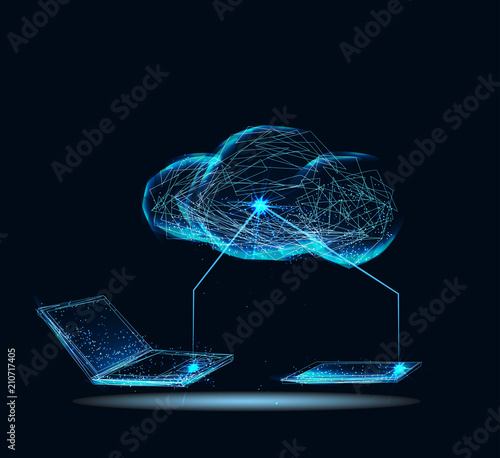 Cloud storage, data transfers on Internet from gadget to gadget. Banner. Abstract image of a starry sky or space, consisting of points, lines,  in the form of  stars and the universe. Low poly vector photo