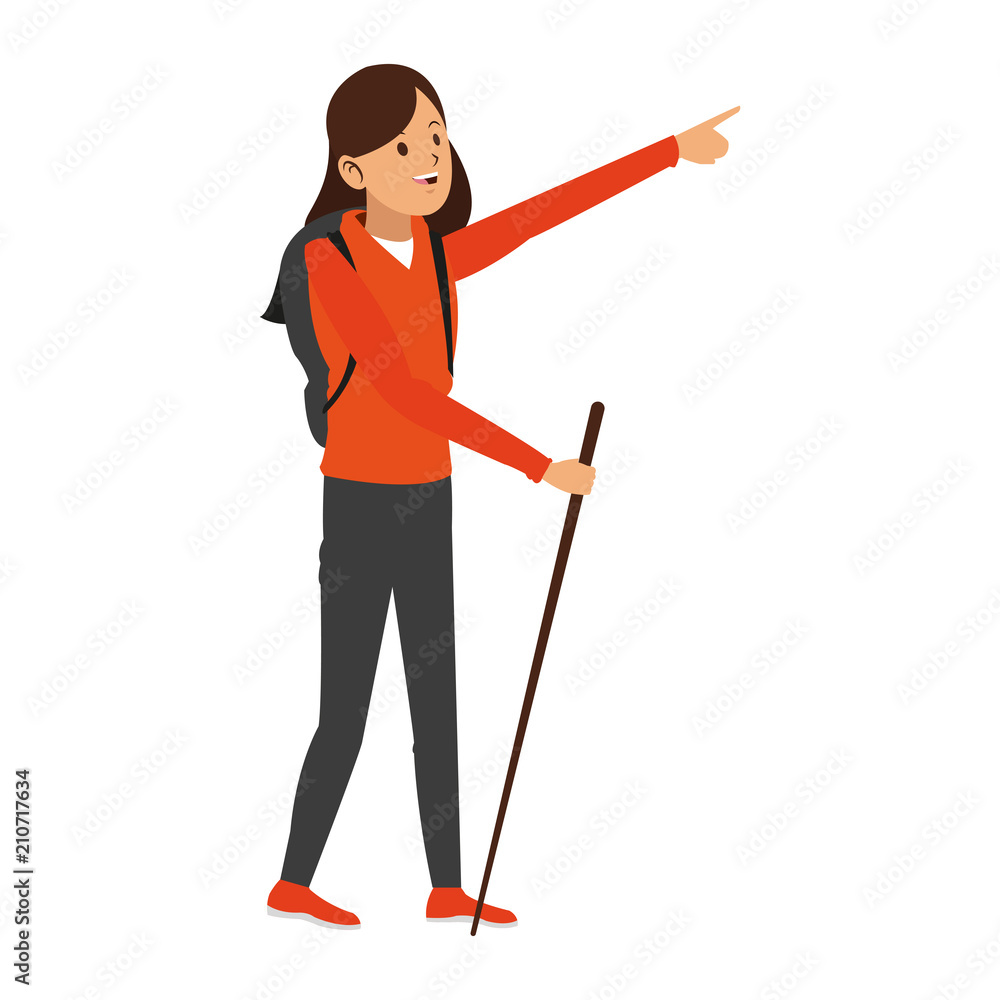 Woman with backpack and walking stick vector illustration graphic design Woman with backpack and walking stick vector illustration graphic design