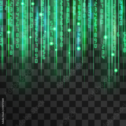 Digital numbers, hi tech electronic flood vector set.  Processed calculations, hacker activity, encrypted information, secret data concept with neon glow on transparent background.