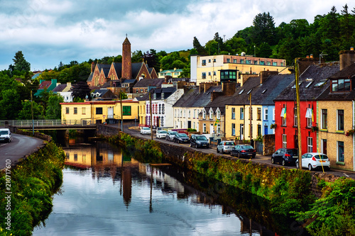 Beautiful landscape in Donegal, Ireland with river and colorful houses