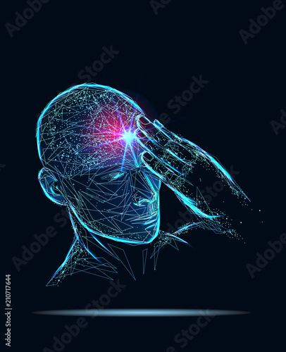 Headache human. 3D Illustration medical concept. Polygonal vector. Low poly blue illustration