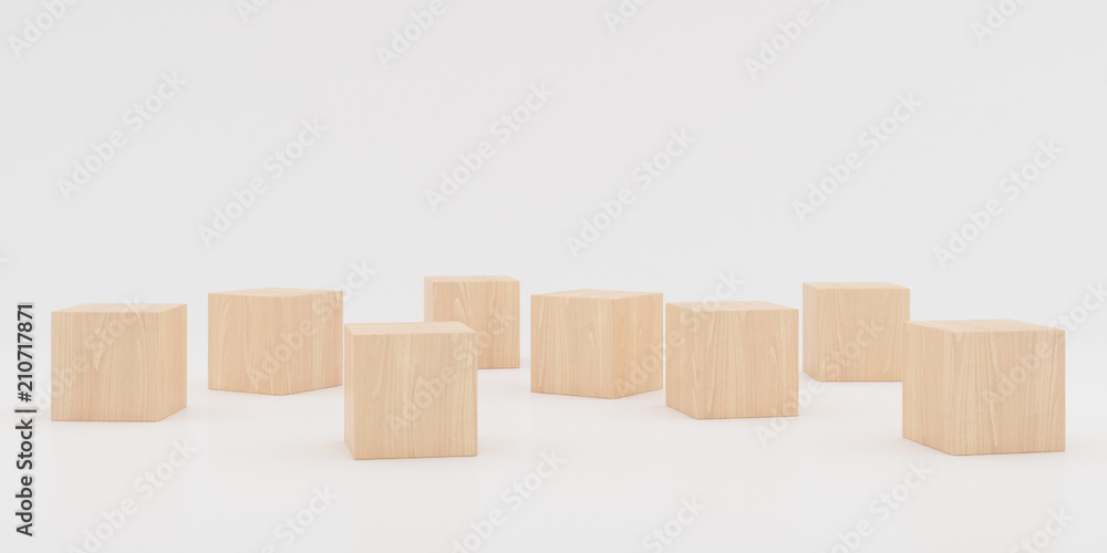 Obraz premium Abstract concept of wooden cubes toy isolated on white background, 3d rendering