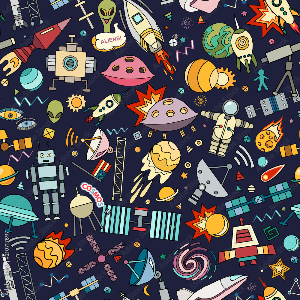 Obraz premium Tło wektor kosmos. Kreskówka bezszwowe tło. Wzór z rakiet kosmicznych kreskówka, kosmonauta, planety, gwiazdy.