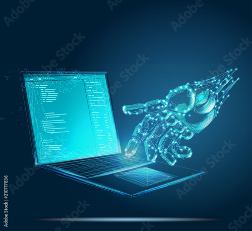 Artificial intelligence hand type on keyboard. Banner. Abstract image of a starry sky or space, consisting of points, lines, and shapes in the form of planets, stars and the universe. Low poly vector