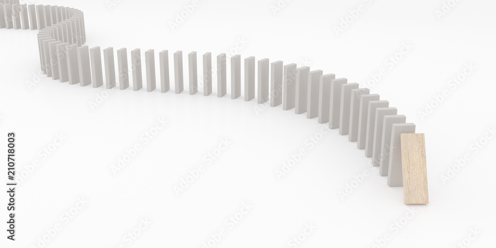 Closeup of wooden dominoes are falling down on white background, 3d rendering Closeup of wooden dominoes are falling down on white background, 3d rendering