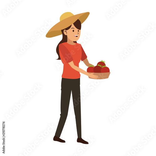 Woman with tomatos harvest in basket vector illustration graphic design
