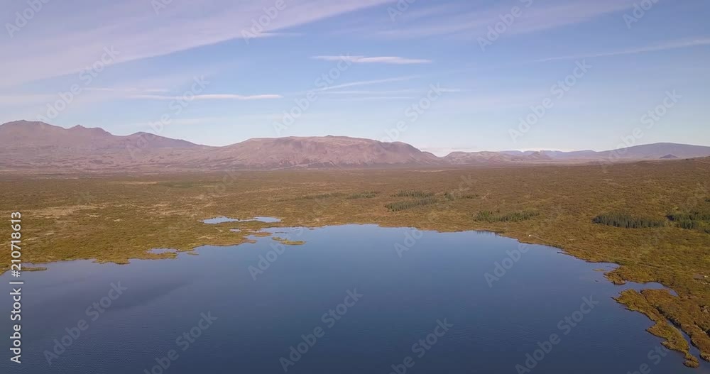Drone shot of a blue lake in Iceland, camera moving forward. Drone shot of a blue lake in Iceland, camera moving forward.