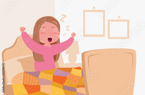 Baby girl wake up early in the morning in the bedroom in your bed