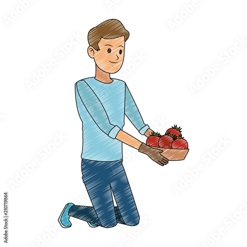 Man with tomatos on basket vector illustration graphic design