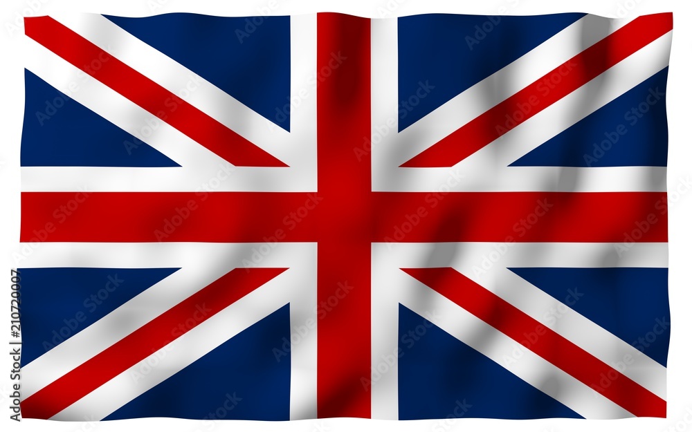 Waving flag of the Great Britain. British flag. United Kingdom of Great Britain and Northern Ireland. State symbol of the UK. 3D illustration Waving flag of the Great Britain. British flag. United Kingdom of Great Britain and Northern Ireland. State symbol of the UK. 3D illustration
