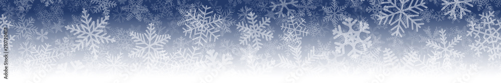 Christmas horizontal seamless banner of many layers of snowflakes of different shapes, sizes and transparency. On gradient background from blue to white.