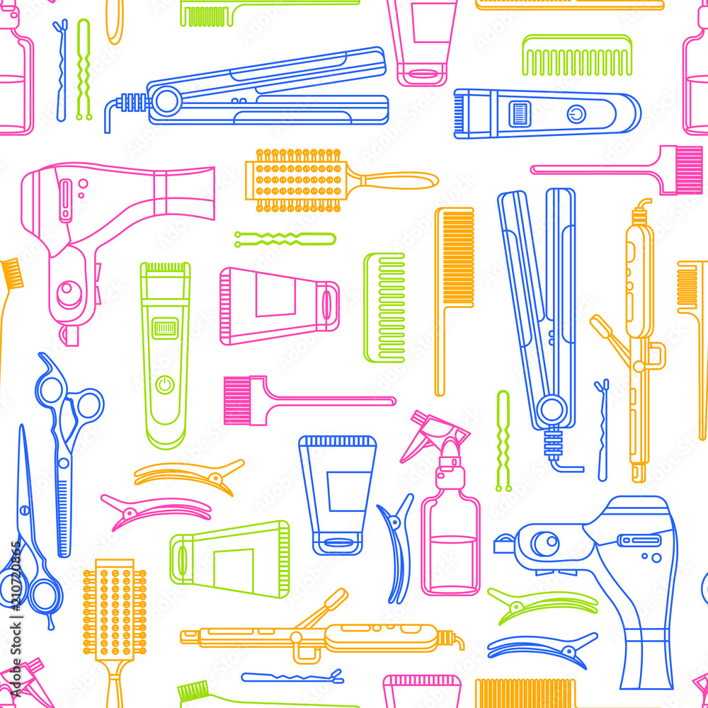 Beauty salon vector seamless pattern. Colorful outline hair hairdresser tools and equipment.