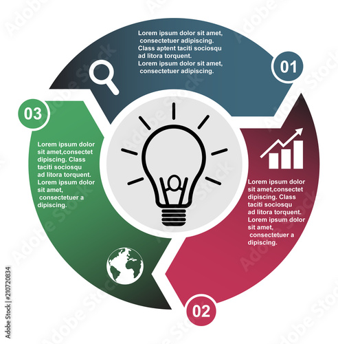 3 step vector element in three colors with labels, infographic diagram. Business concept of 3 steps or options with bulb