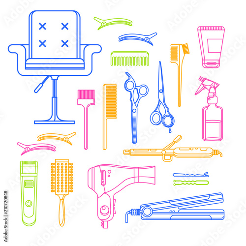Beauty salon vector linear icons and design elements. Hair hairdresser tools and equipment isolated on white background