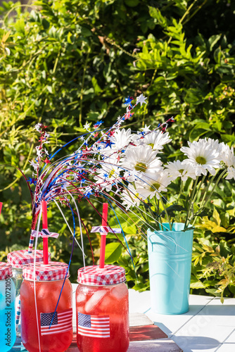 Photography Outdoor party table with drinks for American Independence Day celebration