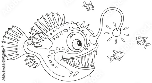 Anglerfish hunting deep in a sea on small fishes, black and white vector illustration in a cartoon style for a coloring book