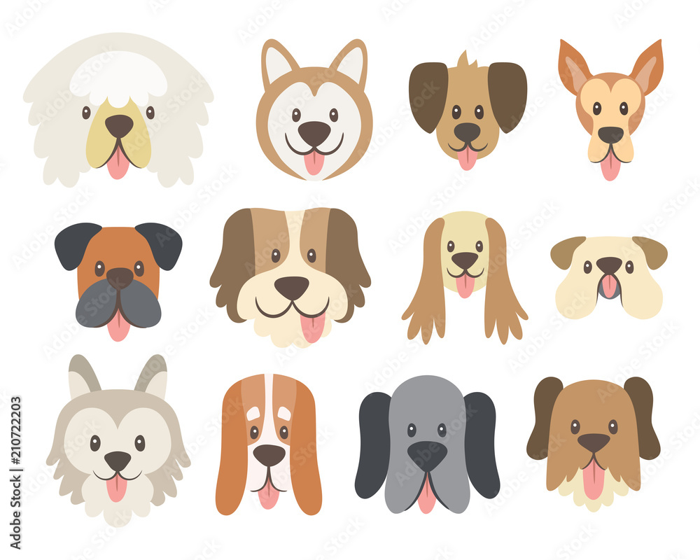 Dog faces collection. Cute cartoon dog faces with their tongue outside.  Avatar icon set. Vector illustration. Stock Vector | Adobe Stock