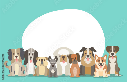 Fototapeta Naklejka Na Ścianę i Meble -  Herd of dogs sitting in front view position. Background illustration with round blank space in the top for adding text. Vector illustration.
