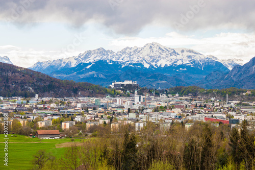 Beautiful panoramic view of Salzburg with Hohensalzburg castle and Alps from Maria Plain in Berghein bei Salzburg, Austria