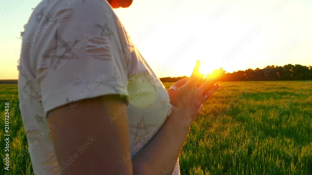 A girl hands holding a smartphone on a sunset background on a green lawn in slow motion A girl hands holding a smartphone on a sunset background on a green lawn in slow motion