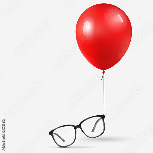 Eyeglasses attached to red balloon. Black optical glasses on white background. Dioptrical Glasses. Vector Illustration. 