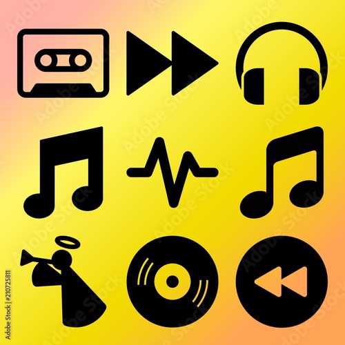 Vector icon set  about music with 9 icons related to rewind button, play, video, bugle and phone