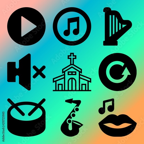 Vector icon set  about music player with 9 icons related to collection, geometric, ink, silent and entertainment