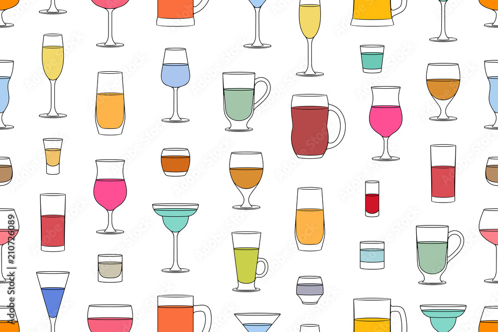 Seamless pattern with Alcoholic drinks glasses. line style. isolated on white background Seamless pattern with Alcoholic drinks glasses. line style. isolated on white background