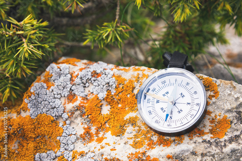 A magnetic compass lies on a stone next to the branches of a juniper photo