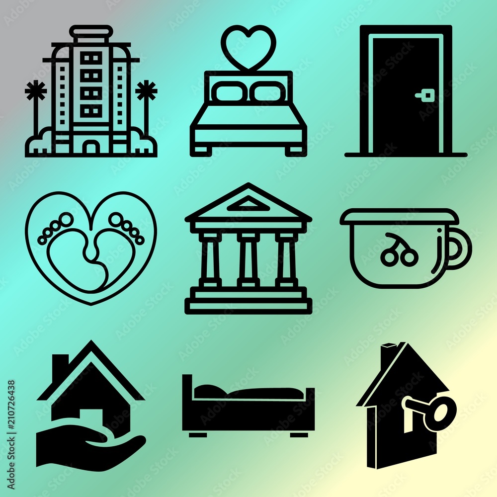 Vector icon set about home with 9 icons related to indoors, party, cute, childhood and museum Vector icon set about home with 9 icons related to indoors, party, cute, childhood and museum