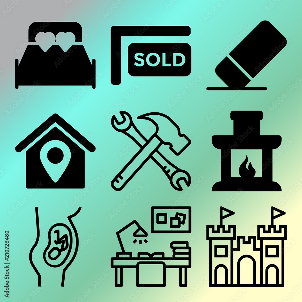 Vector icon set about home with 9 icons related to hardware, workplace, empty, worker and expecting Vector icon set about home with 9 icons related to hardware, workplace, empty, worker and expecting