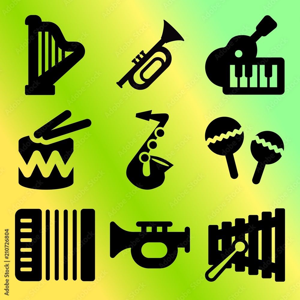 Vector icon set  about music instruments with 9 icons related to toy, colorful, percussion, music keys and guitar