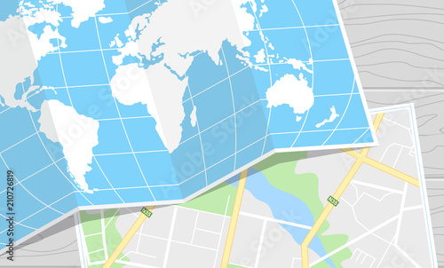 World tour map background. Diary for travel planning. World tour poster. Passport for customs clearance, airplane tickets, route planning. Flat vector cartoon illustration.