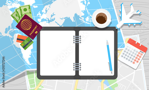 Diary for travel planning. World tour poster. Passport for customs clearance, airplane tickets, route planning. Flat vector cartoon illustration. Objects isolated on white background.