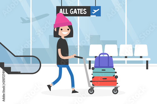 Airport. Young tourist rolling a baggage cart. Luggage trolley. Travel. Tourism. Flight. Flat editable vector illustration, clip art